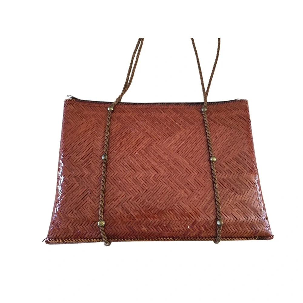 70s Vintage Woven Straw Purse Rope Shoulder Straps Brown‎